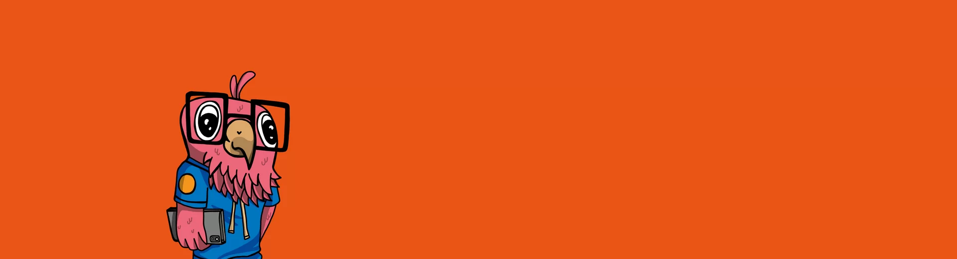 Banner mit Vogelgrafik. Der Vogel trägt eine Brille und hält eine Aktentasche
